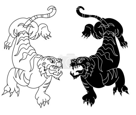 Téléchargez les illustrations : Aperçu et art du gribouillage Le vecteur de tigre est sur fond blanc.Dessin de tigre pour tatouage.Culture japonaise traditionnelle pour l'impression sur fond. - en licence libre de droit