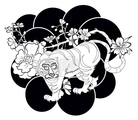 Téléchargez les illustrations : Tatouage traditionnel de tigre japonais. Design de tatouage d'autocollant de tigre, tigre de bande dessinée sur fond noir. Vecteur - en licence libre de droit