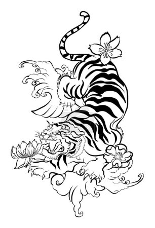 Téléchargez les illustrations : Tatouage traditionnel japonais de tigre avec fleur de sakura et rouge sun.Tiger Sticker conception de tatouage, tigre de bande dessinée sur fond noir. Tigre avec pourrait et fleur de cerise vecteur. - en licence libre de droit