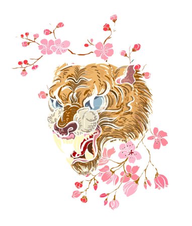 Téléchargez les illustrations : Tatouage traditionnel de tigre japonais. Design de tatouage d'autocollant de tigre, tigre de bande dessinée sur fond noir. Vecteur - en licence libre de droit