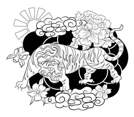 Téléchargez les illustrations : Tatouage traditionnel tigre japonais.Conception de tatouage autocollant tigre, tigre de bande dessinée sur fond noir.Vecteur pour éléments sur blanc isolé. - en licence libre de droit