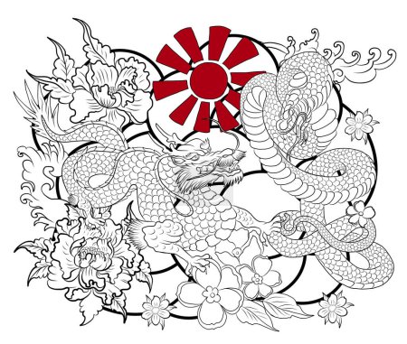 Ilustración de Dragón luchando con el tigre tattoo.Dragon y tigre en la nube y rojo sol nacimiento.Koi vector de peces ilustración para imprimir en shirt.Japanese cultura para pintar sobre fondo. - Imagen libre de derechos
