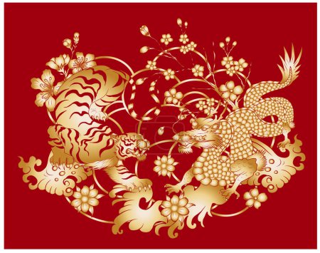 Ilustración de Dragón luchando con el tigre tattoo.Dragon y tigre en la nube y el sol naciente rojo Traditonal dragón japonés y tigre para imprimir en T-shirt.Clip arte. - Imagen libre de derechos