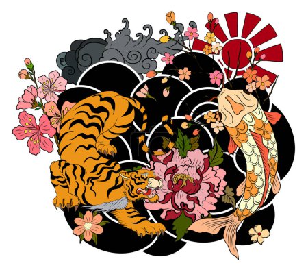 Ilustración de Dragón luchando con el tigre tattoo.Dragon y tigre en la nube y rojo sol nacimiento.Koi vector de peces ilustración para imprimir en shirt.Japanese cultura para pintar sobre fondo. - Imagen libre de derechos