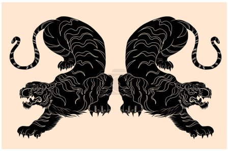 Tiger Sticker Tattoo-Design, Cartoon Tiger auf schwarzem Hintergrund. Vector.Traditional japanische Kultur zum Drucken auf Hintergrund.
