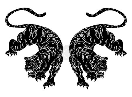 Téléchargez les illustrations : Tiger Sticker tatouage design, tigre de bande dessinée sur fond noir.Vecteur.Culture japonaise traditionnelle pour l'impression sur fond. - en licence libre de droit