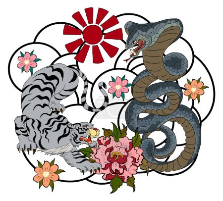 Ilustración de Dragón luchando con el tigre tattoo.Dragon y tigre en la nube y el sol naciente rojo Traditonal dragón japonés y tigre para imprimir en T-shirt.Clip arte. - Imagen libre de derechos