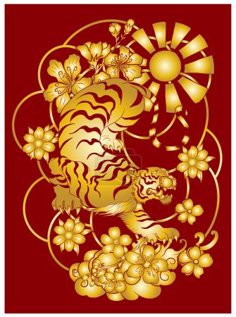 Téléchargez les illustrations : Tiger Sticker tatouage design, tigre de bande dessinée sur fond noir.Vecteur.Culture japonaise traditionnelle pour l'impression sur fond. - en licence libre de droit