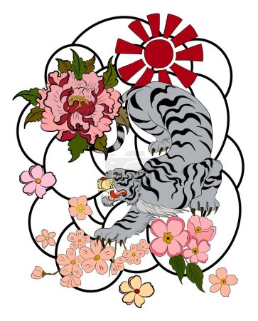 Tiger Sticker Tattoo-Design, Cartoon Tiger auf schwarzem Hintergrund. Vector.Traditional japanische Kultur zum Drucken auf Hintergrund.