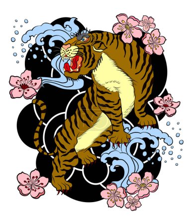 Tatouage traditionnel tigre japonais.Conception de tatouage autocollant tigre, tigre de bande dessinée sur fond noir.Vecteur pour éléments sur blanc isolé.