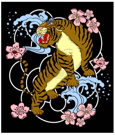 Tatuaje tradicional japonés del tigre. Diseño del tatuaje de la etiqueta engomada del tigre, tigre de la historieta en fondo negro. Vector para los elementos en blanco aislado.