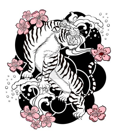 Tatuaje tradicional japonés del tigre. Diseño del tatuaje de la etiqueta engomada del tigre, tigre de la historieta en fondo negro. Vector para los elementos en blanco aislado.