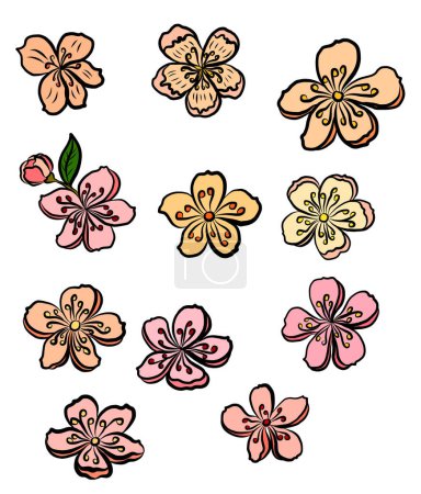 Freie Hand Sakura Blume Vektor-Set, Schöne Linie Kunst Pfirsichblüte isolieren auf weißem Hintergrund. Zweig der Kirschblüte für die Malerei auf Tapete oder Tätowierungsidee auf Hintergrund.