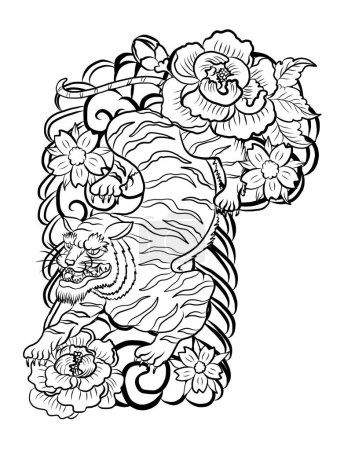 Traditionelle japanische Tiger-Tätowierung.Tiger Aufkleber Tattoo-Design, Cartoon Tiger auf schwarzem Hintergrund .Vektor für Elemente auf weißem Isolated.Handgezeichnete Illustration für Malbuch oder T-Shirt auf Hintergrund.