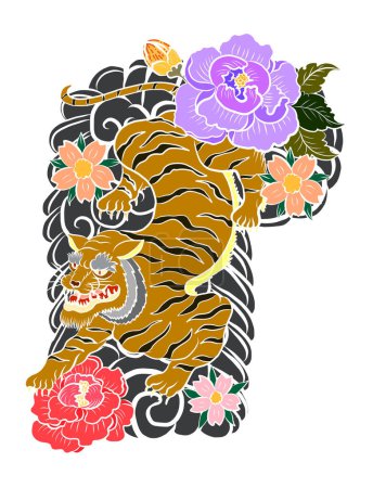 Tatuaje tradicional japonés del tigre. Diseño del tatuaje de la etiqueta engomada del tigre, tigre de la historieta en fondo negro. Vector para los elementos en blanco aislado. Ilustración dibujada a mano para colorear libro o camiseta en telón de fondo.