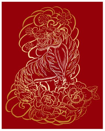 Tatuaje tradicional japonés del tigre. Diseño del tatuaje de la etiqueta engomada del tigre, tigre de la historieta en fondo negro. Vector para los elementos en blanco aislado. Ilustración dibujada a mano para colorear libro o camiseta en telón de fondo.