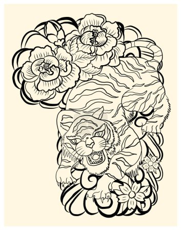 Tatouage traditionnel tigre japonais.Conception de tatouage autocollant tigre, tigre de bande dessinée sur fond noir.Vecteur pour éléments sur blanc isolé.Illustration dessinée à la main pour livre à colorier ou T-shirt sur fond noir.