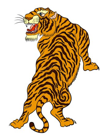 Diseño del tatuaje de la etiqueta engomada del tigre, tigre de la historieta en fondo negro.Vector.Cultura japonesa tradicional para imprimir sobre fondo.