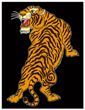 Tiger Sticker tatouage design, tigre de bande dessinée sur fond noir.Vecteur.Culture japonaise traditionnelle pour l'impression sur fond.