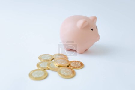 Monedas junto a una figura de cerdo. Monedas de diez pesos mexicanos. Ahorro y economía en México