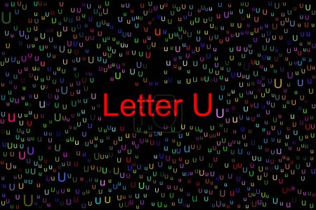 Téléchargez les photos : Lettre U avec de minuscules lettres colorées U partout. Le titre de ce dernier U est de couleur rouge et le fond est noir. - en image libre de droit