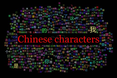 Téléchargez les photos : Cluster des caractères chinois les plus utilisés avec des couleurs attribuées au hasard. Le grand titre rouge est au milieu. Le fond est noir. - en image libre de droit