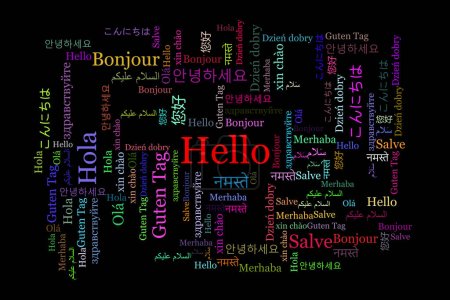 Téléchargez les photos : Mot anglais "Hello" avec ses traductions vers d'autres langues. Les mots sont rassemblés autour du milieu. Le fond est noir. - en image libre de droit