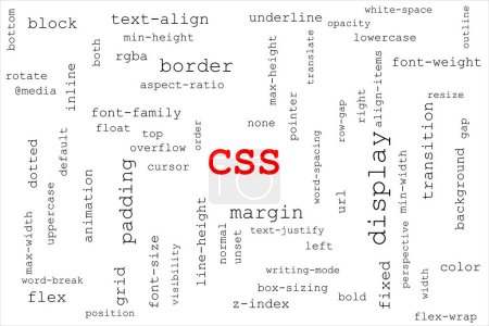Téléchargez les photos : Grand titre rouge CSS au milieu avec de nombreuses propriétés CSS différentes affichées au hasard tout autour de la toile. Le fond est blanc et le texte est noir. - en image libre de droit