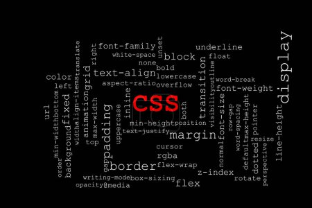 Téléchargez les photos : Grand titre rouge CSS au milieu avec de nombreuses propriétés CSS différentes s'est effondré autour du titre. Le fond est noir et le texte est blanc. - en image libre de droit