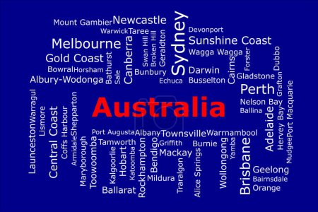 Téléchargez les photos : Tagcloud des villes les plus peuplées d'Australie. L'arrière-plan est dans les couleurs nationales australiennes qui comprend le rouge, le blanc et le bleu. Il y a des villes comme Sydney, Melbourne et Perth. - en image libre de droit