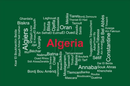 Téléchargez les photos : Tagcloud des villes les plus peuplées d'Algérie. Le fond est dans les couleurs nationales algériennes qui comprend le rouge, le vert et le blanc. Il y a des villes comme Alger, Oran et Annaba. - en image libre de droit