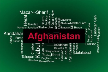 Foto de Nube de etiquetas de las ciudades más pobladas de Afganistán. El fondo está en los colores afganos nacionales que incluyen rojo, verde y negro. Hay ciudades como Kabul, Mazar-i-Sharif y Herat. - Imagen libre de derechos