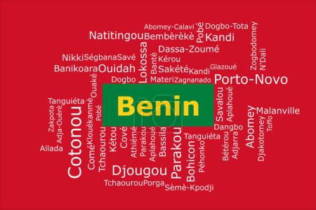 Téléchargez les photos : Tagcloud des villes les plus peuplées du Bénin. L'arrière-plan est dans les couleurs nationales du Bénin qui comprend le vert, le rouge et le jaune. Il y a des villes comme Cotonou, Porto-Novo et Parakou. - en image libre de droit