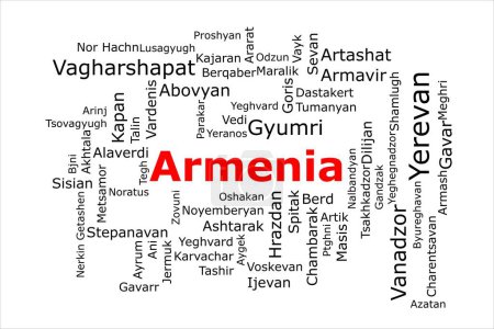 Téléchargez les photos : Tagcloud des villes les plus peuplées d'Arménie. Le titre est rouge et toutes les villes sont noires sur le fond blanc. Il y a des villes comme Erevan et Vagharshapat. - en image libre de droit