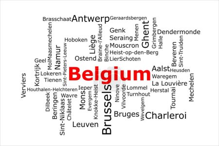 Téléchargez les photos : Tagcloud des villes les plus peuplées de Belgique. Le titre est rouge et toutes les villes sont noires sur le fond blanc. Il y a des villes comme Bruxelles et Anvers. - en image libre de droit