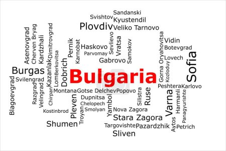 Téléchargez les photos : Tagcloud des villes les plus peuplées de Bulgarie. Le titre est rouge et toutes les villes sont noires sur le fond blanc. Il y a des villes comme Sofia et Burgas. - en image libre de droit