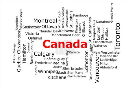 Téléchargez les photos : Tagcloud des villes les plus peuplées du Canada. Le titre est rouge et toutes les villes sont noires sur le fond blanc. Il y a des villes comme Toronto et Montréal. - en image libre de droit