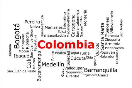 Téléchargez les photos : Tagcloud des villes les plus peuplées de Colombie. Le titre est rouge et toutes les villes sont noires sur le fond blanc. Il y a des villes comme Bogota et Medellin. - en image libre de droit