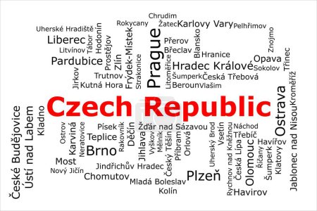Téléchargez les photos : Tagcloud des villes les plus peuplées de République tchèque. Le titre est rouge et toutes les villes sont noires sur le fond blanc. Il y a des villes comme Prague et Brno. - en image libre de droit