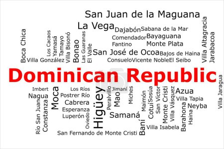 Téléchargez les photos : Tagcloud des villes les plus peuplées de République dominicaine. Le titre est rouge et toutes les villes sont noires sur le fond blanc. Il y a des villes comme Higuey et La Vega. - en image libre de droit