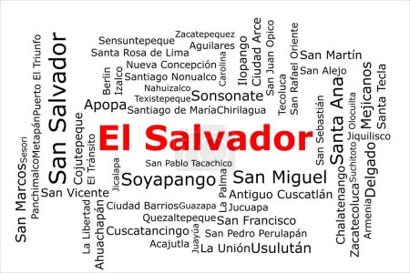 Téléchargez les photos : Tagcloud des villes les plus peuplées du Salvador. Le titre est rouge et toutes les villes sont noires sur le fond blanc. Il y a des villes comme San Salvador et San Miguel. - en image libre de droit