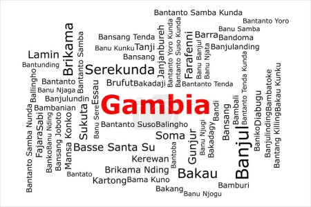 Téléchargez les photos : Tagcloud des villes les plus peuplées de Gambie. Le titre est rouge et toutes les villes sont noires sur le fond blanc. Il y a des villes comme Banjul et Serekunda. - en image libre de droit