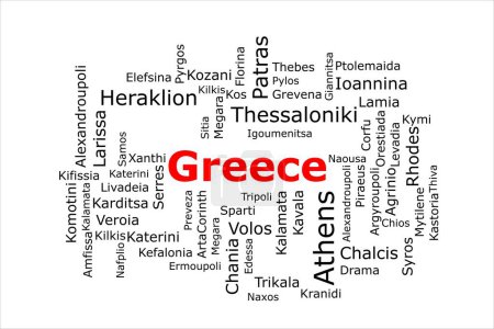 Téléchargez les photos : Tagcloud des villes les plus peuplées de Grèce. Le titre est rouge et toutes les villes sont noires sur le fond blanc. Il y a des villes comme Athènes et Héraklion. - en image libre de droit