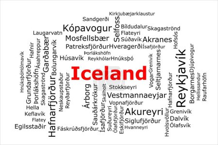 Photo for Tagcloud of the most populous cities in Iceland. The title is red and all the cities are black on the white background. There are cities like Reykjavik and Kopavogur. - Royalty Free Image