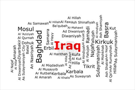 Téléchargez les photos : Tagcloud des villes les plus peuplées d'Irak. Le titre est rouge et toutes les villes sont noires sur le fond blanc. Il y a des villes comme Bagdad et Mossoul. - en image libre de droit