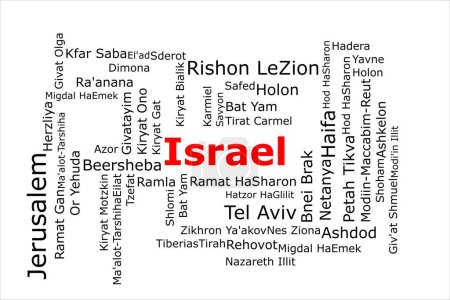Téléchargez les photos : Tagcloud des villes les plus peuplées d'Israël. Le titre est rouge et toutes les villes sont noires sur le fond blanc. Il y a des villes comme Jérusalem et Tel Aviv. - en image libre de droit