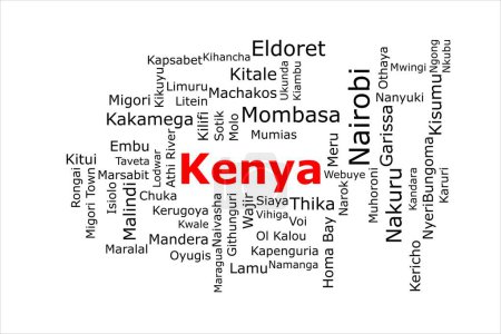 Téléchargez les photos : Tagcloud des villes les plus peuplées du Kenya. Le titre est rouge et toutes les villes sont noires sur le fond blanc. Il y a des villes comme Nairobi et Mombasa. - en image libre de droit