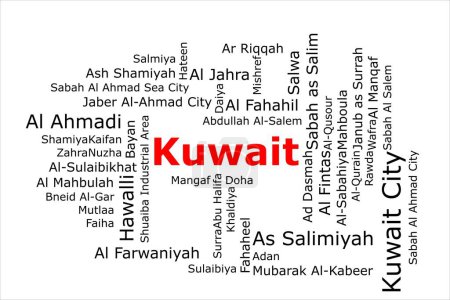 Téléchargez les photos : Tagcloud des villes les plus peuplées du Koweït. Le titre est rouge et toutes les villes sont noires sur le fond blanc. Il y a des villes comme Koweït et As Salimiyad. - en image libre de droit
