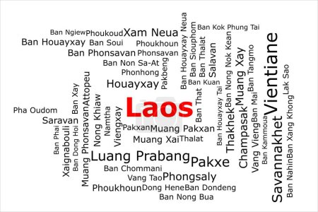 Téléchargez les photos : Tagcloud des villes les plus peuplées du Laos. Le titre est rouge et toutes les villes sont noires sur le fond blanc. Il y a des villes comme Vientiane et Pakxe. - en image libre de droit