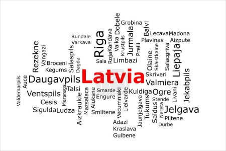 Téléchargez les photos : Tagcloud des villes les plus peuplées de Lettonie. Le titre est rouge et toutes les villes sont noires sur le fond blanc. Il existe des villes comme Riga et Jelgava. - en image libre de droit